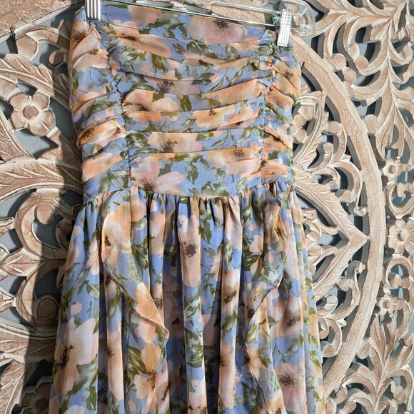 Fashion Nova Strapless Blue Floral Chiffon Dress Size Large - Picture 3 of 7